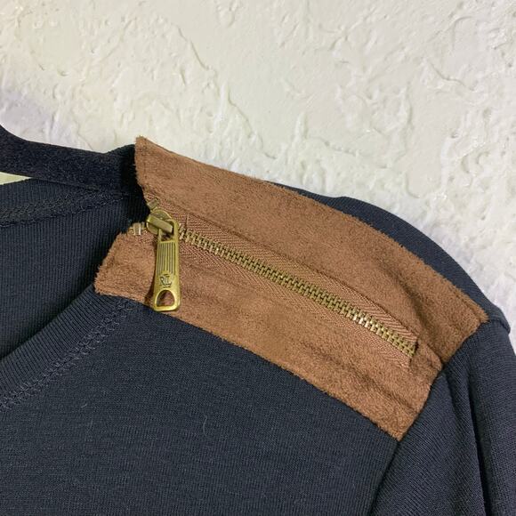 LAUREN RALPH‎ LAUREN Top Blouse Crew Neck Faux Suede Elbow Patches Shoulder Zip - Picture 7 of 13
